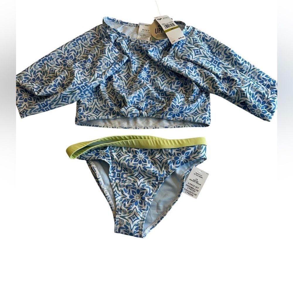 Roxy 2-pc. Fresco Tile Crop Rash Guard Set, Blue bonneT, Size 14, NWT